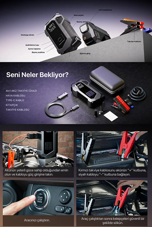 4 in 1 Şarjlı Akü Takviye Cihazı | 16.000 mAh | Akım Koruma | Güçlü Seri | Lastik Şişirme, LED Fener 4 in 1 Şarjlı Akü Takviye Cihazı | 16.000 mAh | Akım Koruma | Güçlü Seri | Lastik Şişirme, LED Fener